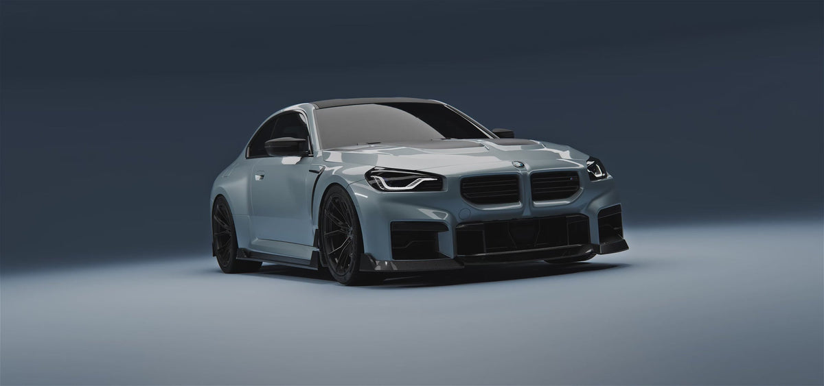 BMW M2 G87 met carbon bodykit, driekwart voor