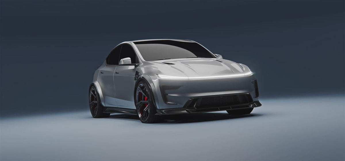 Tesla Model Y Juniper met carbon bodykit, driekwart voor